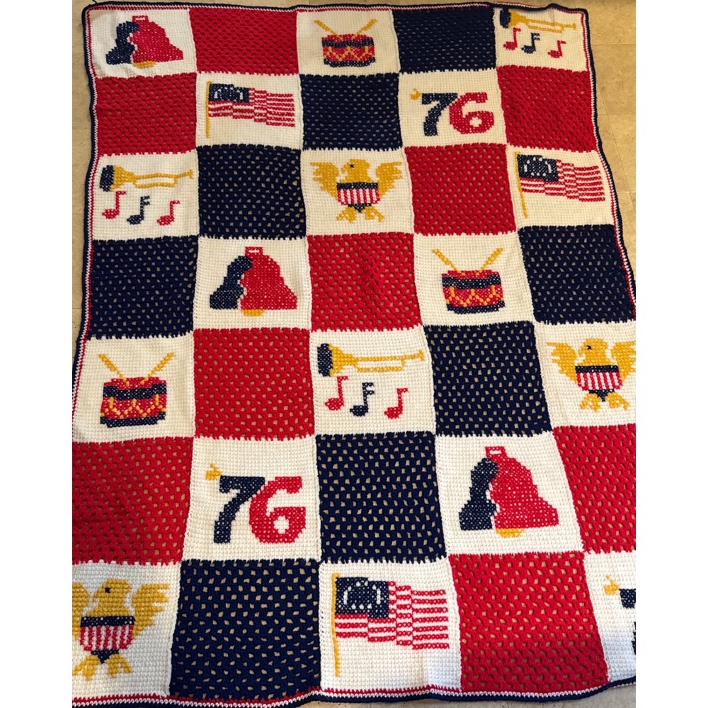 Vintage Patriotic Crochet Afghan Blanket Spirit of 76 Americana Red White Blue